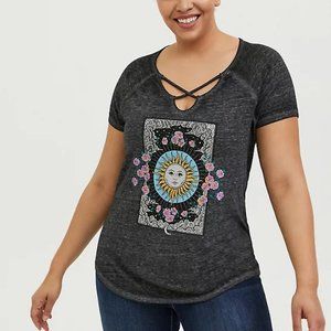 TORRID SUN & MOON BLACK BURNOUT CRISSCROSS TEE